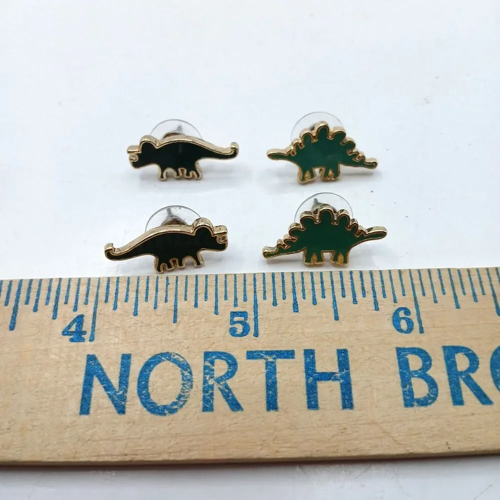 Dinosaur Pierced Earrings Set Enamel Gold Tone T-Rex Stegosaur Brachiosaurus+